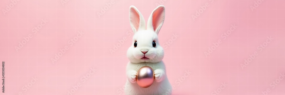 Obraz premium A cute white rabbit holds a colorful egg against a soft pink background, perfect for easter-themed designs and festive decorations.