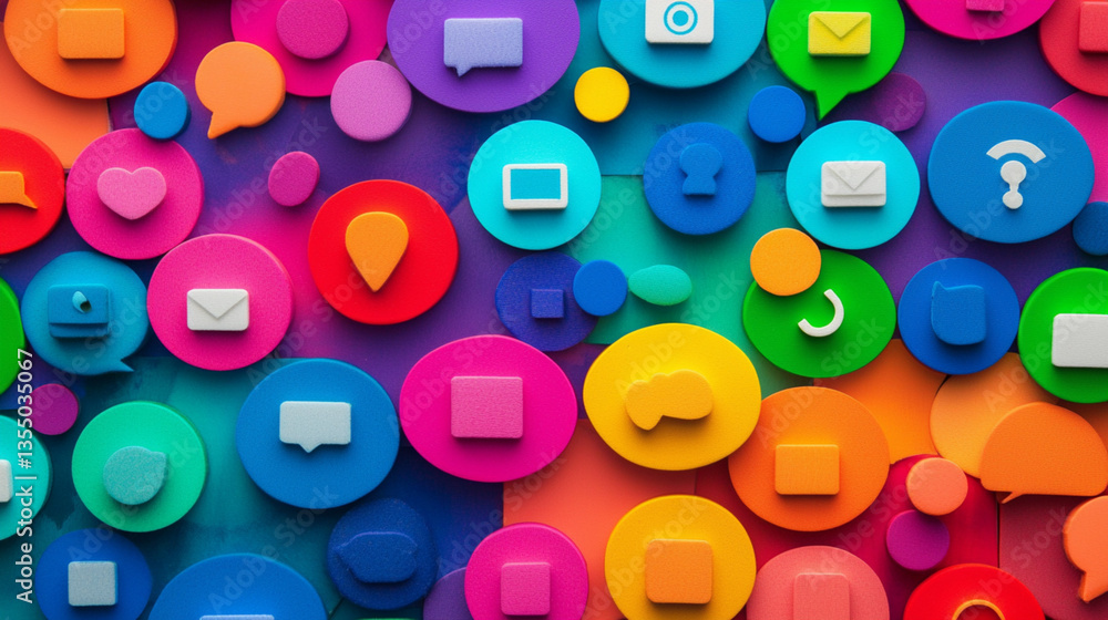 Naklejka premium A vibrant collage of colorful speech bubbles and icons representing communication, technology, and social media.