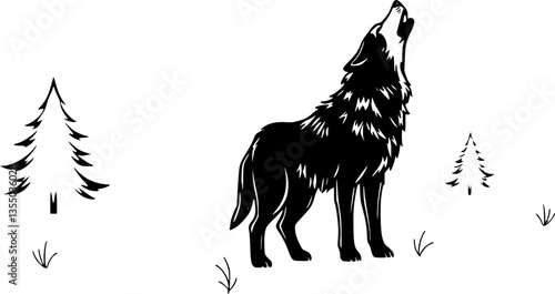 Outline of a howling wolf with a moon backdrop minimal wilderness animal vector illustration