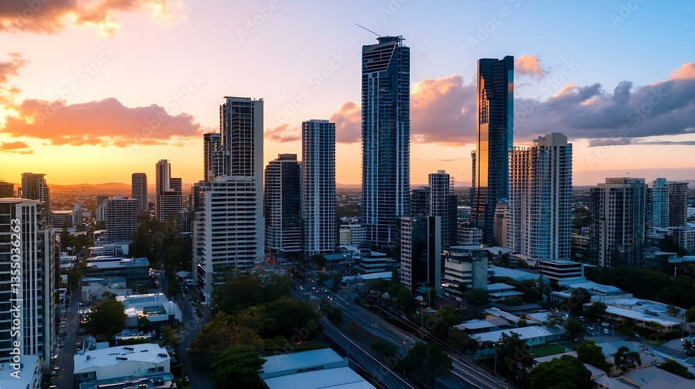 Obraz premium Stunning Aerial View of Skyscrapers and Golden Sunset Over a Metropolitan City Skyline : Generative AI