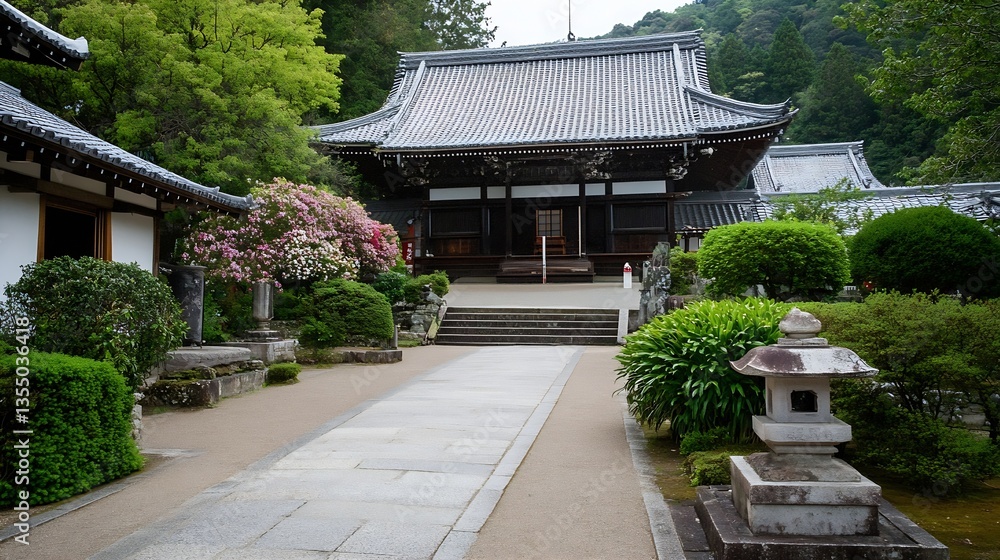 Tranquil Garden Scene with Traditional Japanese Architecture Surrounded by Lush Greenery : Generative AI Tranquil Garden Scene with Traditional Japanese Architecture Surrounded by Lush Greenery : Generative AI