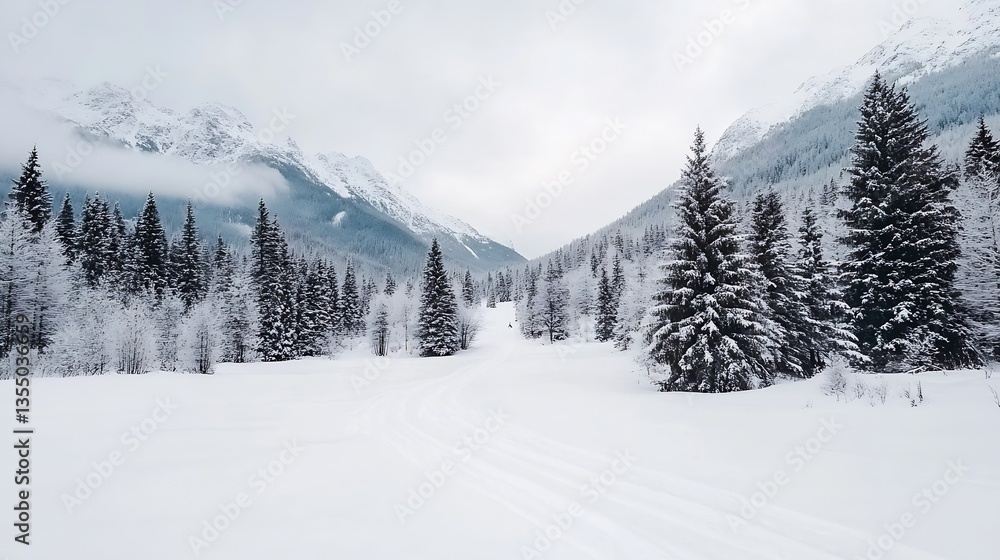 Snow Covered Mountain Landscape with Tall Pine Trees Creating a Winter Wonderland in Tranquil Nature : Generative AI Snow Covered Mountain Landscape with Tall Pine Trees Creating a Winter Wonderland in Tranquil Nature : Generative AI