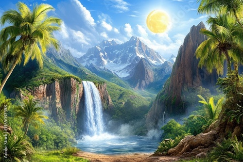 Lush Tropical Paradise A Stunning Vista of Waterfalls and Snow-Capped Mountains