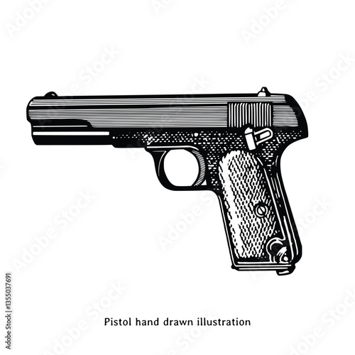 Pistol hand drawn illustration in vintage engraving style. Pistol illustration. Handgun illustration