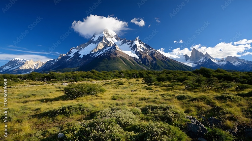 Fototapeta premium Majestic Mountain Range Under Bright Blue Sky with Lush Green Terrain : Generative AI
