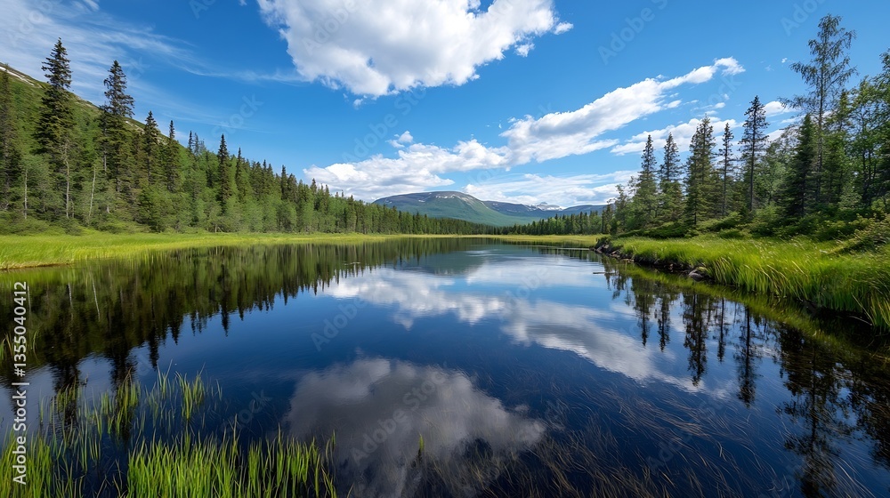 Fototapeta premium Breathtaking view of a tranquil river surrounded by lush greenery and majestic trees : Generative AI