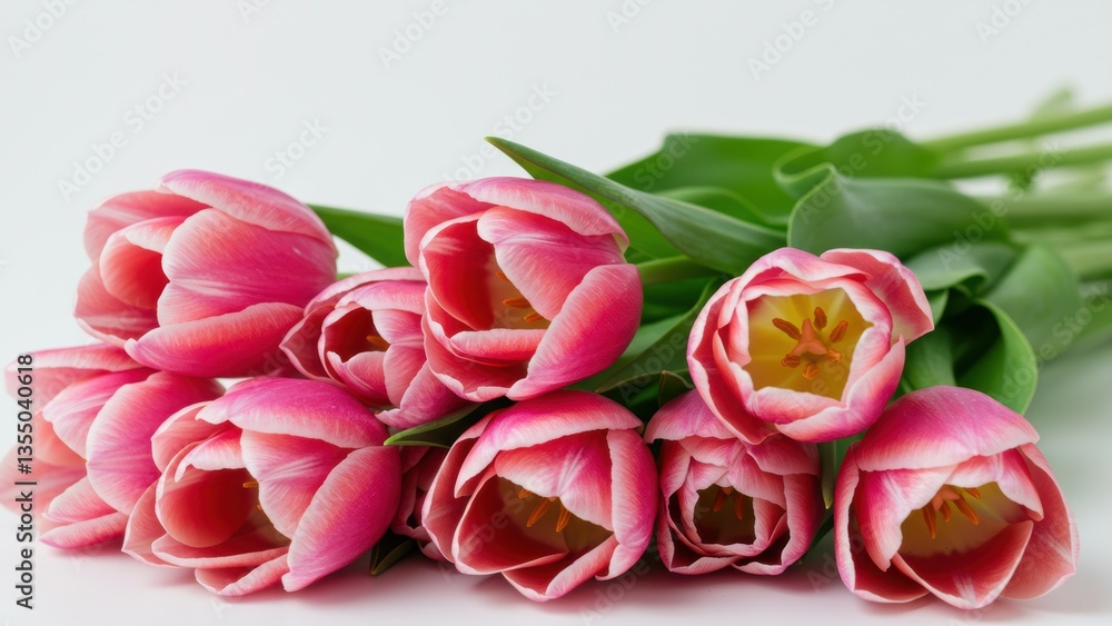 Fototapeta premium Pink tulips bouquet arranged against white backdrop. Featuring delicate blooms, fresh flowers symbolize beauty, love, gratitude. Perfect gift for Mother's Day, Easter, or Valentine's.