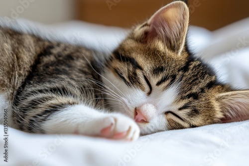 Wallpaper Mural A tabby kitten with white paws and face sleeps soundly on white sheets, eyes closed, pink nose touching the fabric. Torontodigital.ca
