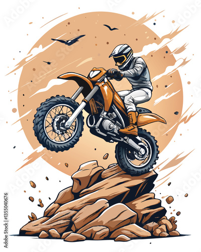 A motocross rider performs a daring jump over a massive, rugged rock formation during a competition.  The image should showcase speed, skill, and the extreme nature of the sport.