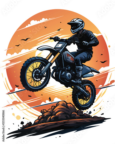 Silhouette of motocross rider performing a breathtaking jump against a vibrant sunset, showcasing dynamic action and aerial skill.