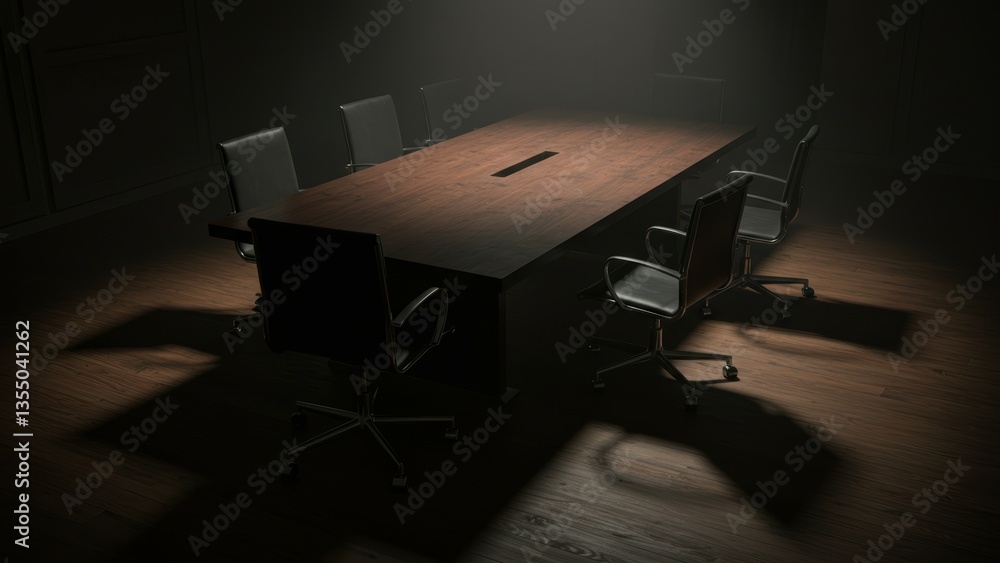 Empty boardroom features conference table, chairs. Symbolizes corporate meetings, decision making, power, and strategic planning. Conveys serious atmosphere, silence.