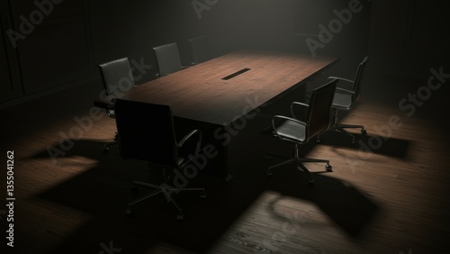 Obraz na płótnie Empty boardroom features conference table, chairs. Symbolizes corporate meetings, decision making, power, and strategic planning. Conveys serious atmosphere, silence. w salonie