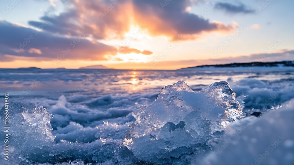 Fototapeta premium Beautiful Icy Beach at Sunset with Glimmering Sunlight Reflected on Water : Generative AI