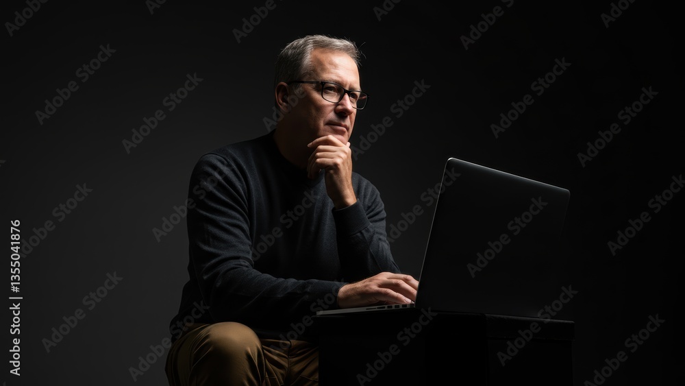 Caucasian mature man sits working on laptop against dark backdrop, thoughtfully contemplating project. Represents remote work, business strategy, innovative solutions.