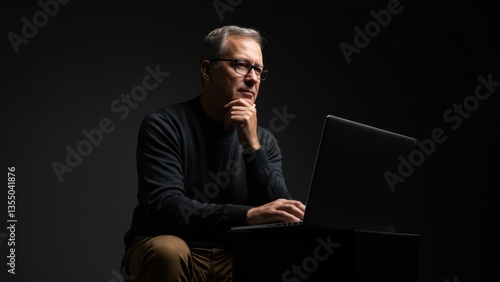 Obraz na płótnie Caucasian mature man sits working on laptop against dark backdrop, thoughtfully contemplating project. Represents remote work, business strategy, innovative solutions. w salonie