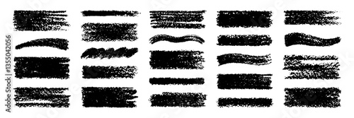 Brush marker crayon stroke. Paint shape and line vector with brush texture. Black ink scratch background. Marker crayon pencil scribble splash on white bg. Hand drawn sketch chalk shape frame line png