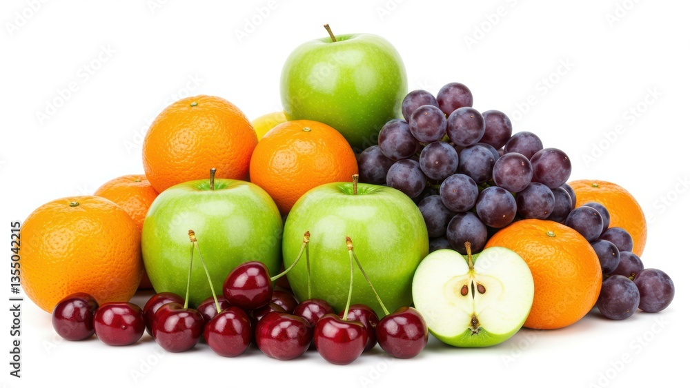 Pile fruit isolated. Green apples, oranges, cherries, grapes assortment. Studio shot showcasing freshness, nutrition, healthy eating, and vitamins for balanced diet. Pile fruit isolated. Green apples, oranges, cherries, grapes assortment. Studio shot showcasing freshness, nutrition, healthy eating, and vitamins for balanced diet.