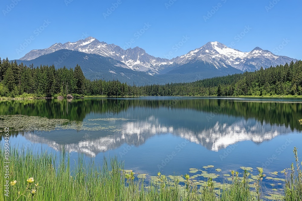 Tranquil Reflection Snow-Capped Mountain Peaks Mirrored in the Pristine Waters of a Mountain Lake Tranquil Reflection Snow-Capped Mountain Peaks Mirrored in the Pristine Waters of a Mountain Lake