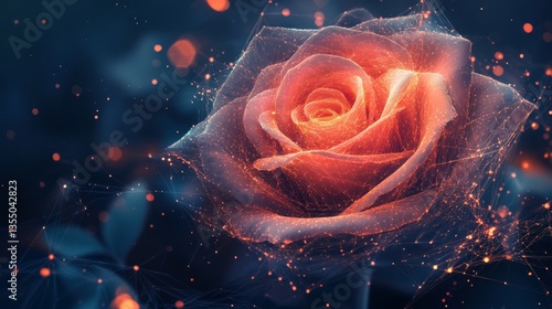 A stunning digital rose composed of glowing neon particles and an abstract network, combining nature with technology. Perfect for tech, art, and futuristic concepts.. AI Generation
