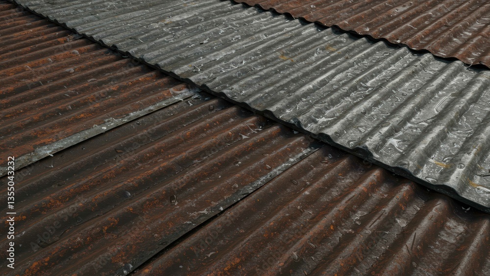 Close-up corrugated metal roof with rust & raindrops. Weathered metallic material shows oxidation. Building exterior texture evokes grungy, industrial concepts.
