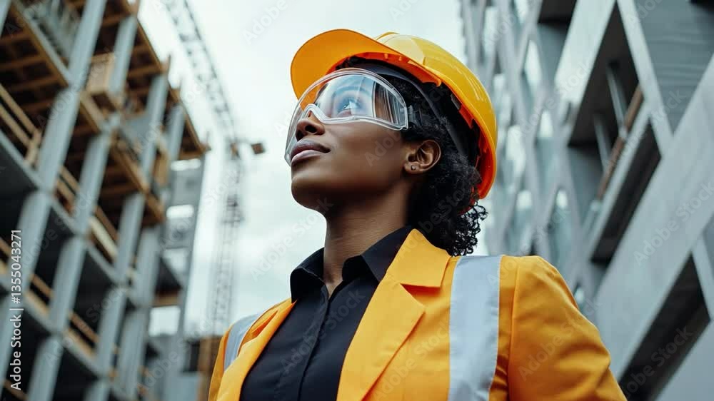 Visionary Builder: An empowering portrait of a confident female construction worker, gazing upward with determination amidst a bustling construction site, representing strength and aspiration. Visionary Builder: An empowering portrait of a confident female construction worker, gazing upward with determination amidst a bustling construction site, representing strength and aspiration.