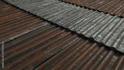Obraz na płótnie Close-up corrugated metal roof with rust & raindrops. Weathered metallic material shows oxidation. Building exterior texture evokes grungy, industrial concepts. w salonie