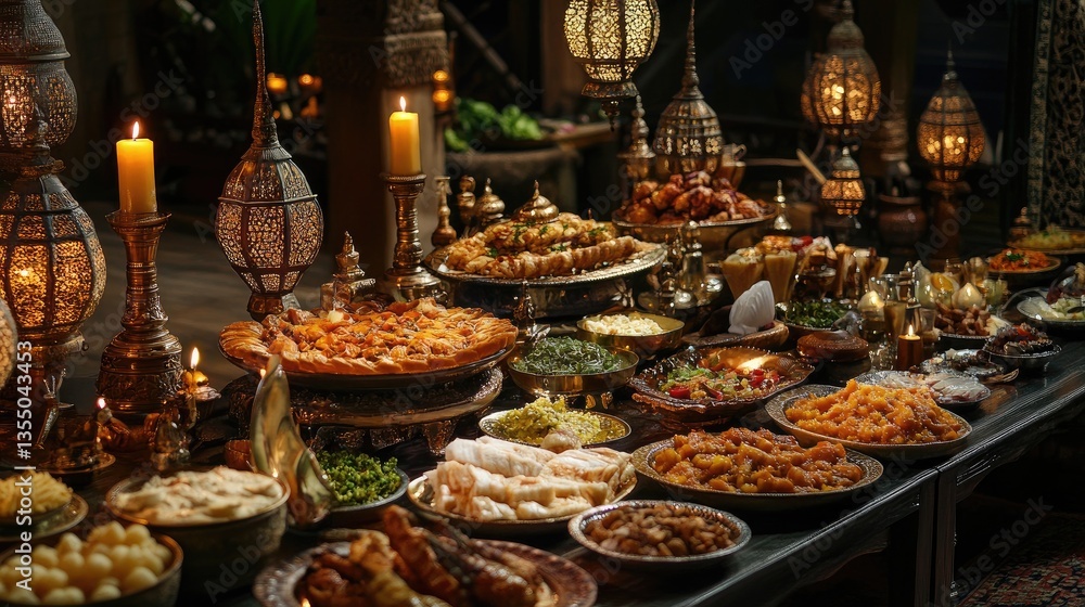 A festive Ramadan Iftar setup with decorative lanterns, candles, and an array of traditional dishes. A festive Ramadan Iftar setup with decorative lanterns, candles, and an array of traditional dishes.
