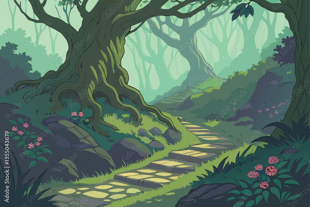 21 Enchanted forest, ancient trees, magical pathway, glowing light, mystical atmosphere, fantasy landscape, lush vegetation, twisted roots, arching branches, stone path, ethereal mist, soft illuminati 21 Enchanted forest, ancient trees, magical pathway, glowing light, mystical atmosphere, fantasy landscape, lush vegetation, twisted roots, arching branches, stone path, ethereal mist, soft illuminati