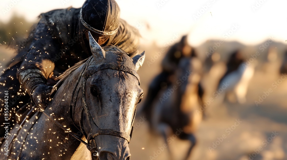 Dynamic action shot of a horse galloping with a rider showcasing the thrill of equestrian sports in motion : Generative AI Dynamic action shot of a horse galloping with a rider showcasing the thrill of equestrian sports in motion : Generative AI