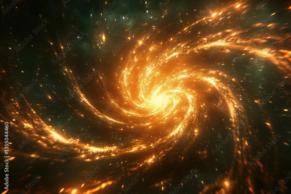 Obraz premium A mesmerizing spiral galaxy illuminated by golden stars, showcasing the beauty and mystery of the universe.