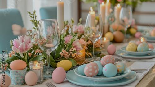 Wallpaper Mural A beautifully arranged Easter table featuring decorative eggs, flowers, candles, and elegant dinnerware, creating a festive and inviting atmosphere. Torontodigital.ca