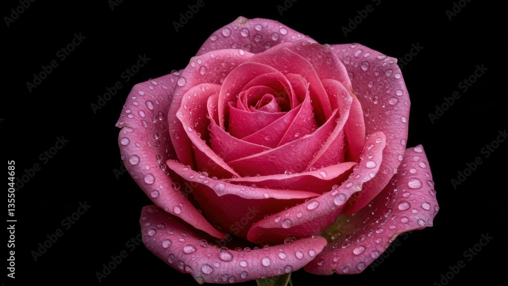 Pink rose with water droplets against black background. Detailed floral petals, macro shot symbolizes love, beauty, and delicate nature. Celebration gift. Pink rose with water droplets against black background. Detailed floral petals, macro shot symbolizes love, beauty, and delicate nature. Celebration gift.