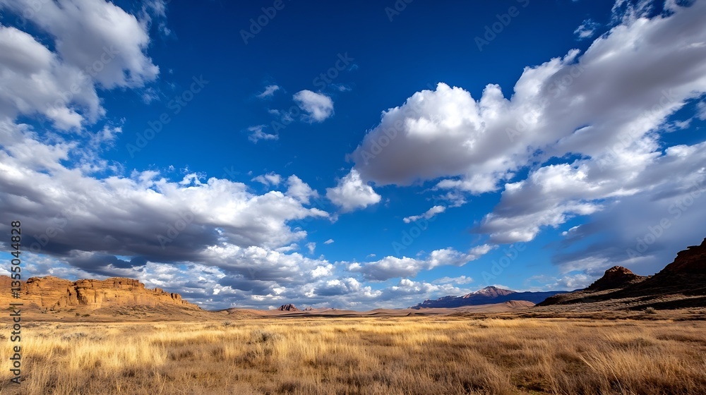 Vast Desert Landscape Under Blue Sky with Fluffy Clouds Casting Shadows on Golden Grass : Generative AI Vast Desert Landscape Under Blue Sky with Fluffy Clouds Casting Shadows on Golden Grass : Generative AI