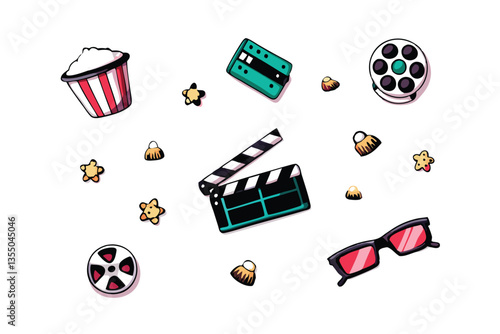 A vibrant image depicting the bustling movie film industry; showcasing clapperboards, cameras, and other behind-the-scenes equipment.