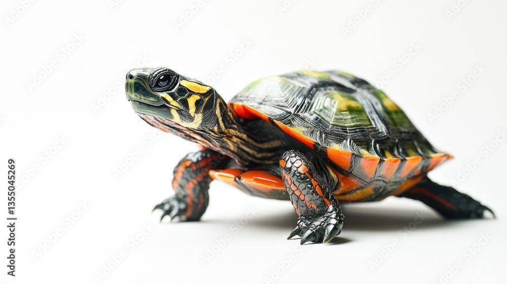 Obraz premium Small turtle, facing forward, studio white background. Possible educational use.