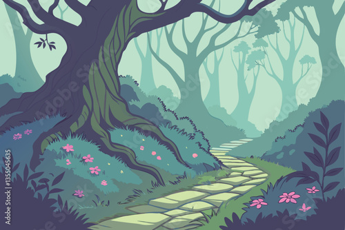 22 Enchanted forest, twisted moss-covered trees, winding path, ancient stone steps, misty atmosphere, ethereal green glow, magical woodland, intertwining branches, fantasy landscape, mystical forest t