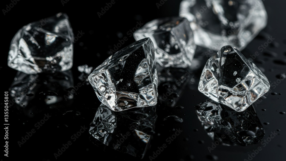 Ice cubes. Frozen water on black. Reflective, cold and wet. Represents freshness, purity and refreshment. Ice cubes. Frozen water on black. Reflective, cold and wet. Represents freshness, purity and refreshment.