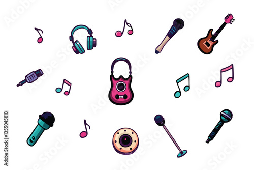 Vibrant stage setup featuring multiple microphones, electric guitars, and other musical instruments, ready for a live music performance.