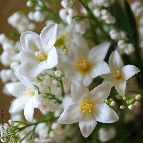 A beautiful arrangement of white blossoms and delicate bell-shaped flowers creates a serene and elegant floral display.