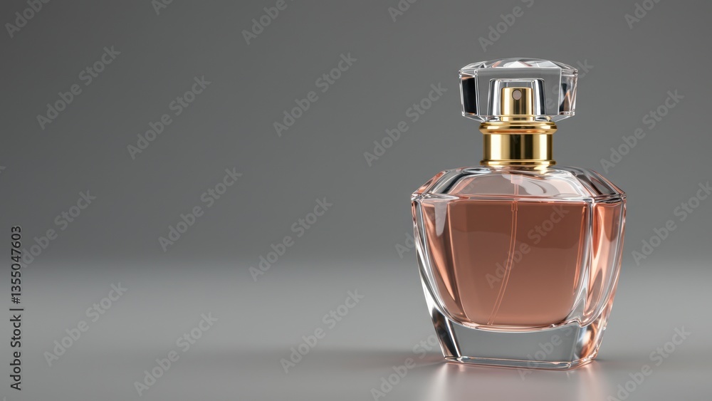 Perfume bottle on gray background. Glass fragrance container highlights luxury, beauty, elegance. Represents personal care, sophistication, promotion. Perfume bottle on gray background. Glass fragrance container highlights luxury, beauty, elegance. Represents personal care, sophistication, promotion.