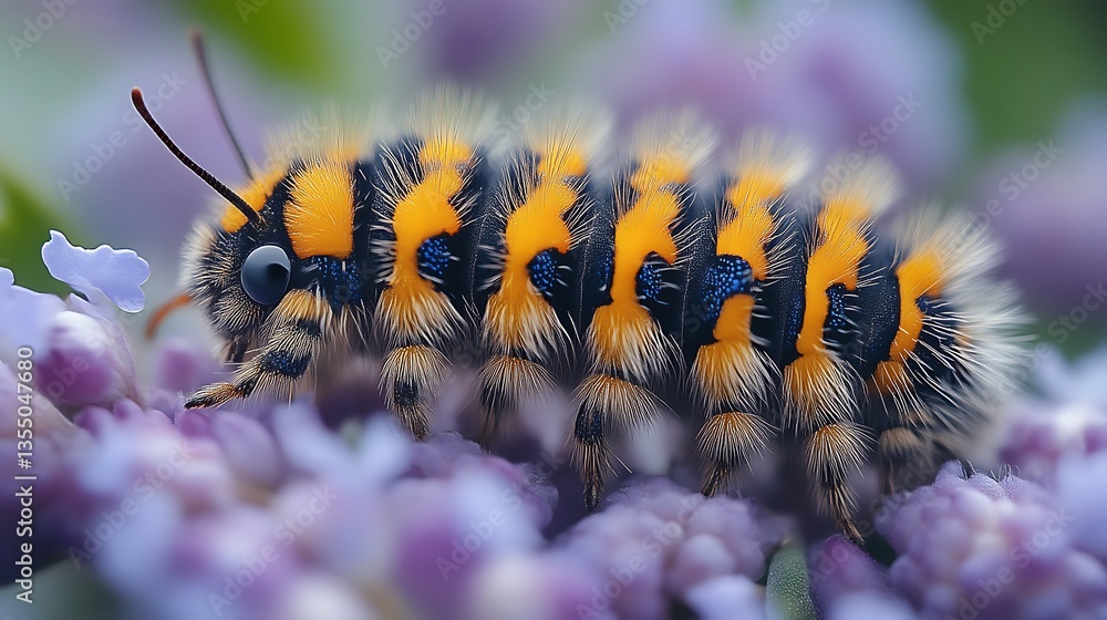 Obraz premium Fuzzy caterpillar on purple flower.