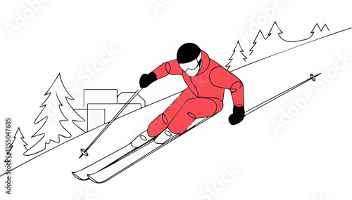 A linear drawing of a skier on a snowy slope. Vector graphics. EPS.