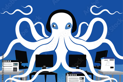 A clever octopus expertly troubleshoots and repairs multiple malfunctioning computers simultaneously, showcasing its problem-solving skills in a tech support setting.