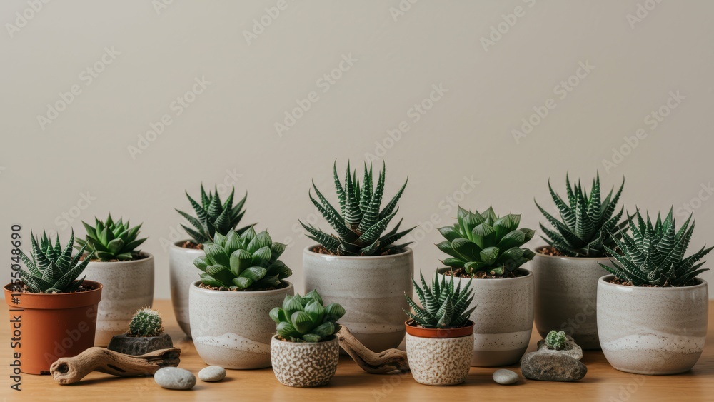 Still life. Succulents arranged in pots on wood surface against beige. Indoor gardening, biophilia, evokes calmness, tranquility, promotes sustainable living. Still life. Succulents arranged in pots on wood surface against beige. Indoor gardening, biophilia, evokes calmness, tranquility, promotes sustainable living.