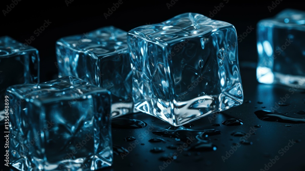 Ice cubes melting with water drops on black surface. Refreshment provided by natural frozen water during Summer. Clean, cool, party drinks ingredient. Ice cubes melting with water drops on black surface. Refreshment provided by natural frozen water during Summer. Clean, cool, party drinks ingredient.