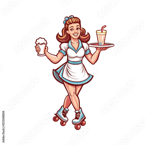 A smiling 1950s waitress in a retro uniform serves creamy milkshakes in a classic diner setting.  Details are crucial.