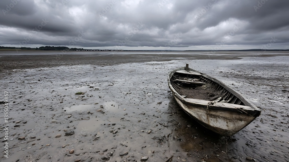 Lonely wooden boat rests on dry land under a dramatic cloudy sky at low tide : Generative AI Lonely wooden boat rests on dry land under a dramatic cloudy sky at low tide : Generative AI