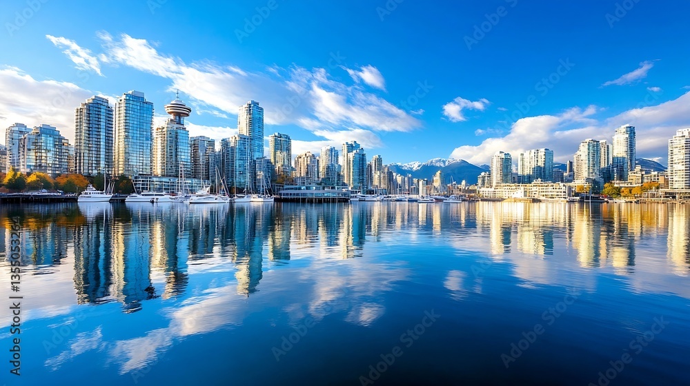 Naklejka premium City skyline of Vancouver reflected in calm waters under a clear sky with distant mountains : Generative AI