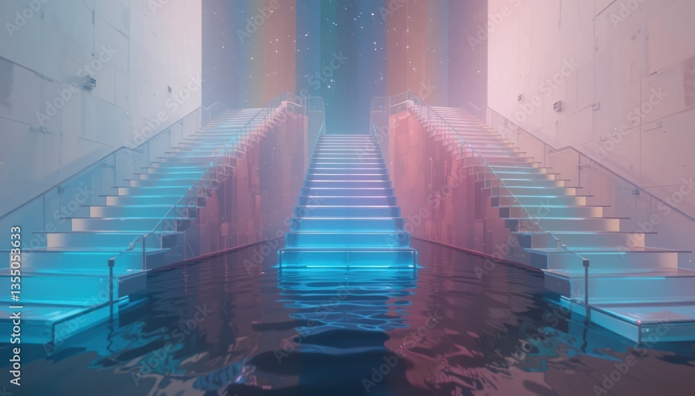 Fototapeta premium Serene reflection of stairs in water modern architectural space visual artwork ethereal environment low angle view conceptual design