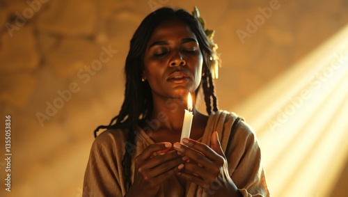 Black woman praying with candle on hand, closeup.